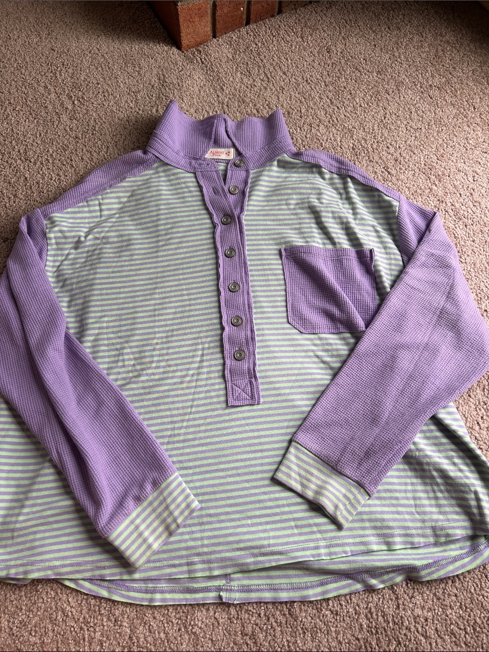 Purple and Mint Striped Woman’s Oversize Waffle Knit Henley Sweater